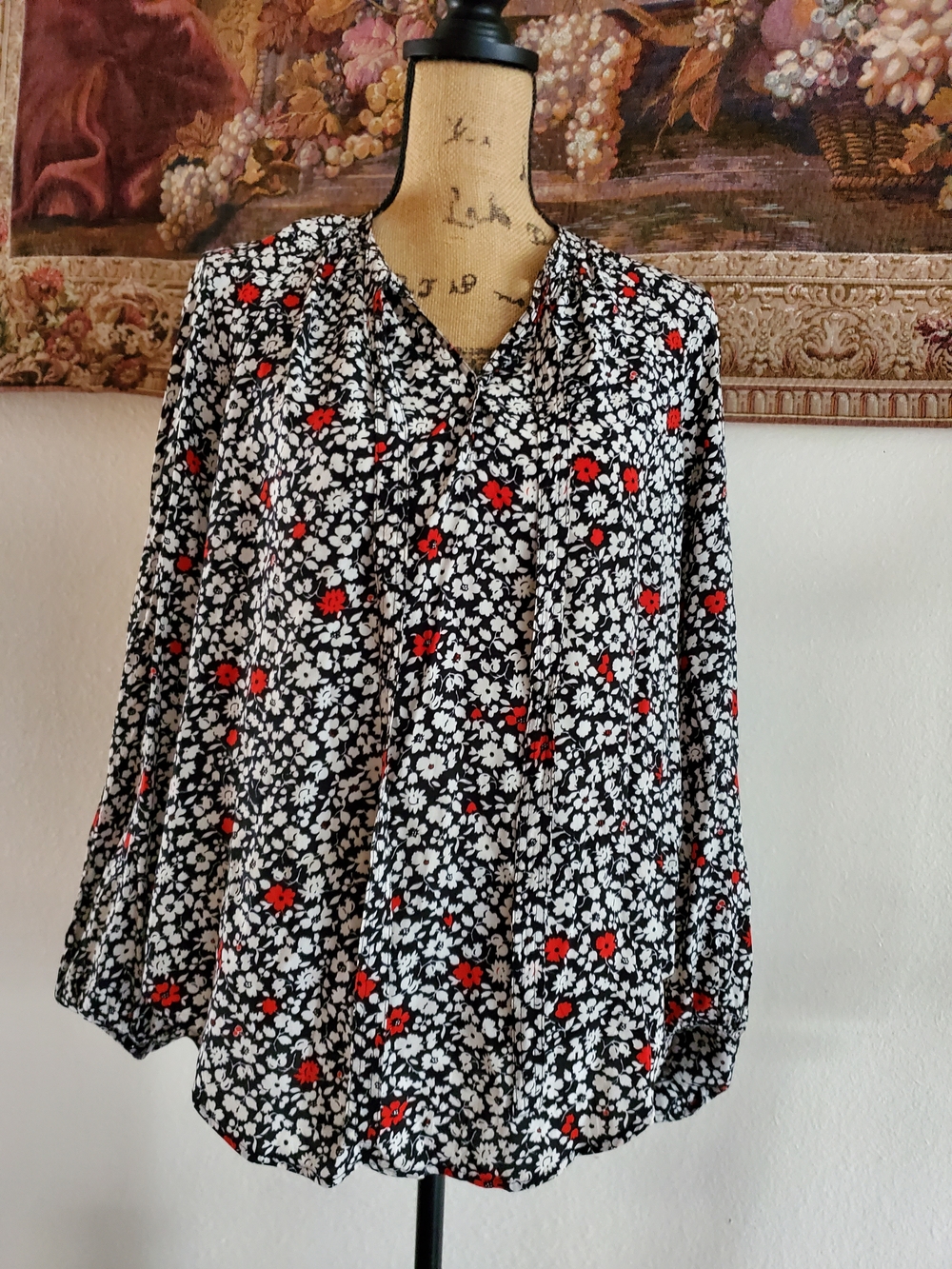 Polo by Ralph Lauren Black Floral Tie-Neck Blouse with Red and White Flowers